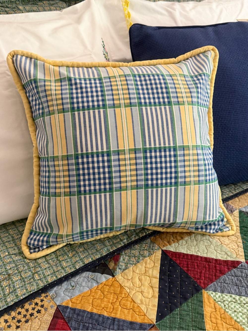 Cottagecore Blue Yellow Gingham Plaid Pillow Cover 16x16 Farmhouse Cottage